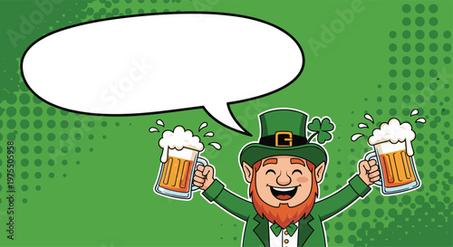 Joyful leprechaun in a green suit and hat raises two frothy mugs of beer next to a large blank white speech bubble in a festive scene.