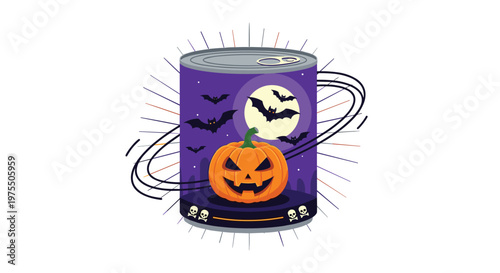 Festive halloween tin can features a carved jack-o-lantern pumpkin, bats, and a full moon with decorative orbital lines.