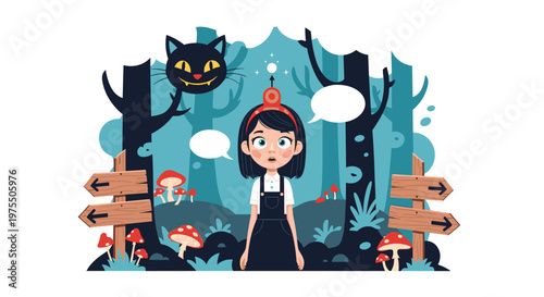 Surprised girl explores a magical wonderland forest with a grinning cat and red mushrooms near wooden direction signs.