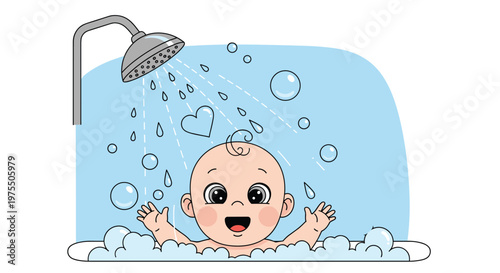Happy baby enjoys a refreshing bath with soap bubbles and a floating heart under a shiny silver shower head in a bathroom.