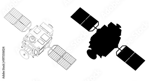 Line drawing and silhouette of a satellite with extended solar panels