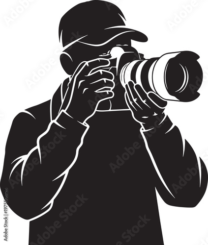 Professional photographer silhouette vector, man holding digital dslr camera with telephoto lens, paparazzi journalist icon on white background