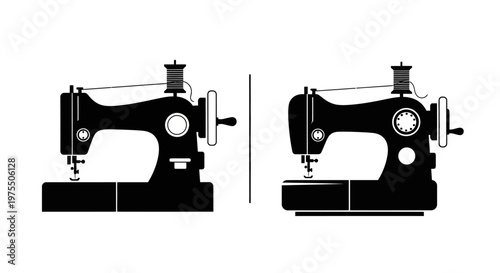 Two vintage sewing machines depicted in a minimalist black and white style