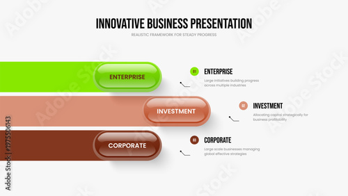 Creative Launch Three Option Diagram Presentation Template. Investor Performance 3 Element Infographic Slide Design. Professional Insight Slideshow Layout Vector Illustration.
