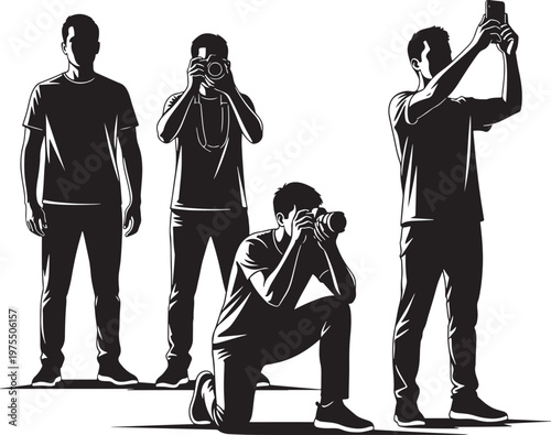 Minimalist photographer silhouette vector set, black and white paparazzi figures with cameras, professional photography crew icons for media and press