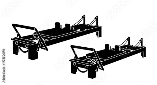 Black and white illustration of two pilates reformers in different perspectives