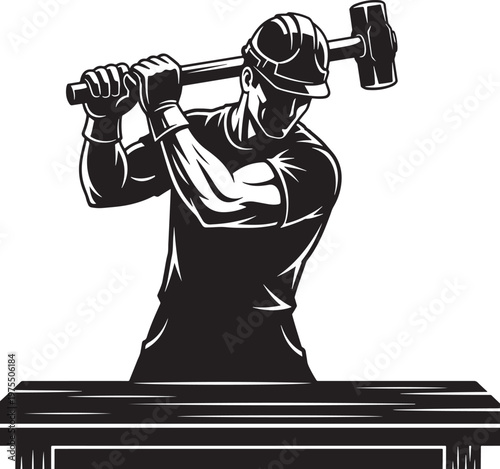 Construction worker with sledgehammer vector illustration, muscular builder wearing hard hat and gloves, manual labor demolition and renovation concept