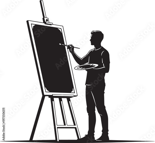 Minimalist artist silhouette painting on canvas, male painter with easel and palette vector, creative hobby and fine art concept illustration