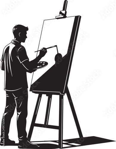 Vintage artist silhouette painting on canvas, male painter with palette and brush at easel, black and white woodcut style vector illustration
