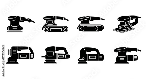 Collection of black silhouette icons depicting various power sanding tools