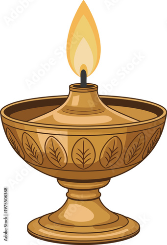 Traditional brass oil lamp with a burning flame