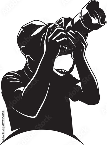 Professional photographer silhouette vector, man holding digital camera with telephoto lens, creative photography studio logo icon