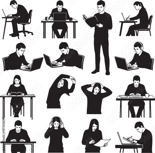 Minimalist black and white silhouettes of students studying, set of 15 people working on laptops and reading books, flat vector icons of office workers