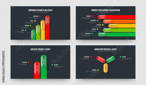 Professional Solution 4 5 2 3 Element Diagram Slide Design Set. Advertising Strategy Four Five Two Three Option Infographic Presentation Template Vector Illustration Collection.