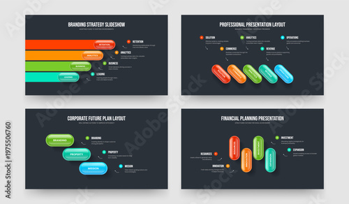 Professional Performance 4 5 3 Element Infographic Slideshow Template Bundle. Product Insight Four Five Three Step Diagram Frame Layout Vector Illustration Set.