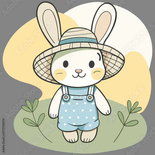 Cute bunny rabbit wearing a straw hat and overalls