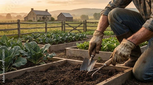 Person gardening with tools in raised beds at sunrise.