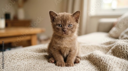 Brown fluffy kitten sitting on beige blanket indoors.