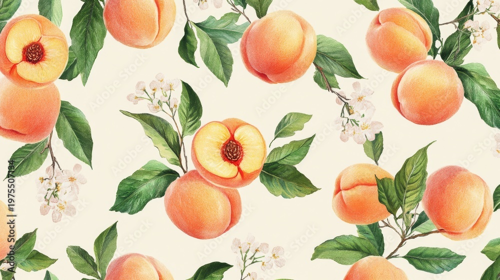 Obraz premium 42.Playful endless pattern showing clusters of peaches, cross-sections with visible pits, curling leaves, and tiny blossoms, all rendered in a sketchy botanical style across a pastel background.