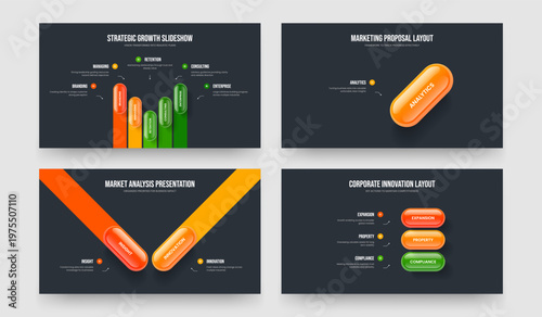 Modern Profile Five One Two Three Element Diagram Frame Layout Vector Illustration Set. Market Development 5 1 2 3 Option Infographic Slideshow Design Bundle.