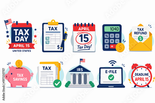 United States Tax Day April 15 Icon Set Featuring IRS Forms Calculator Deadline Calendar Refund and Payment Elements in Modern Flat Vector Style