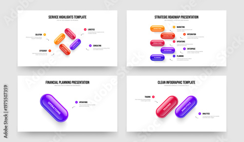 Corporate Introduction Four Five One Two Element Diagram Slide Template Vector Illustration Collection. Product Campaign 4 5 1 2 Option Infographic Slideshow Design Set.