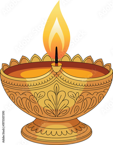 Traditional diya lamp with a lit wick emitting a warm glow