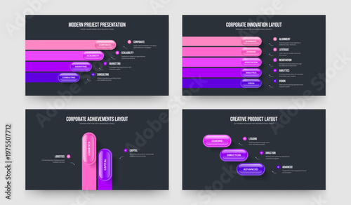 Advertising Growth 4 5 2 3 Element Diagram Presentation Layout Set. Consulting Briefing Four Five Two Three Step Infographic Slideshow Template Vector Illustration Collection.