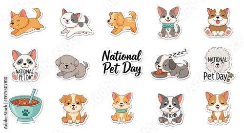 A flat lay of vector illustrations celebrating National Pet Day, depicting various cartoon dogs and cats in playful poses and expressions, set against a clean white background, promoting