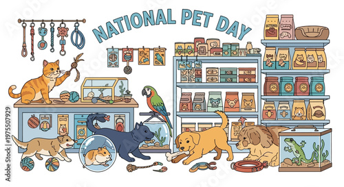 A whimsically illustrated vector design celebrating National Pet Day features a variety of domestic animals like cats, dogs, a parrot, and a hamster interacting playfully around pet