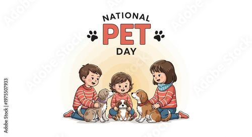 A charming vector illustration showcases children celebrating National Pet Day, gently petting their dog and cat companions against a clean white background, with a cheerful