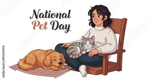 A woman sits in a chair with a dog and cat on National Pet Day, celebrating pet companionship with a warm and cozy atmosphere.