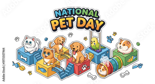 Colorful illustration of dogs, cats, and other pets playing with toy boxes on National Pet Day with a joyful theme.