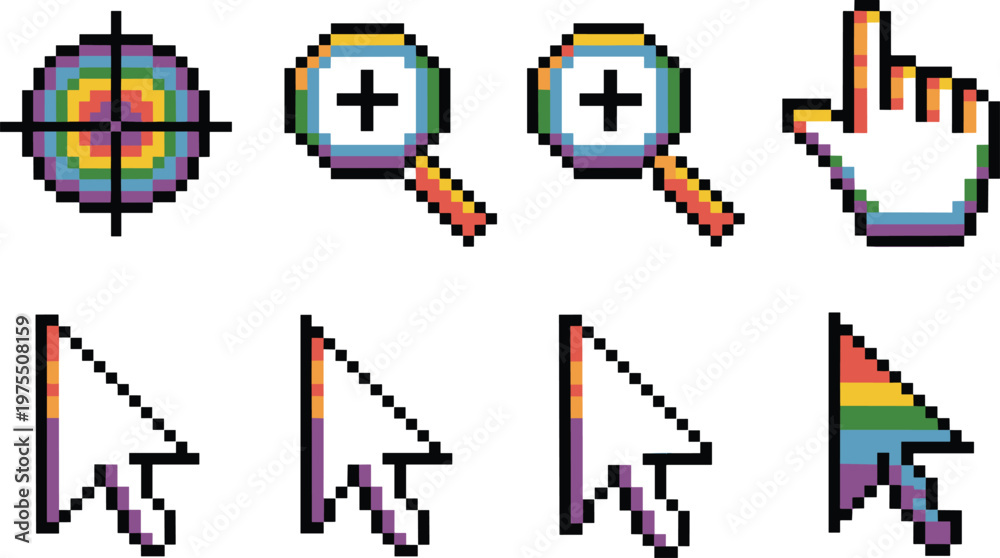 Obraz premium Pixel cursor and set with rainbow gradient colors mouse pointer