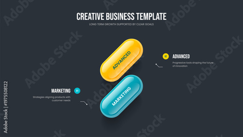 Creative Visualization Frame Design Vector Illustration. Product Solution Two Element Diagram Slideshow Layout. Investor Forecast 2 Step Infographic Slide Template.