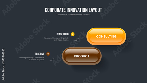 Corporate Showcase 2 Element Diagram Presentation Layout. Professional Portfolio Slide Template Vector Illustration. Enterprise Solution Two Step Infographic Frame Design.