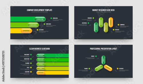 Consulting Strategy Three Four Five Element Diagram Presentation Design Vector Illustration Set. Sales Showcase 3 4 5 Option Infographic Slide Layout Collection.