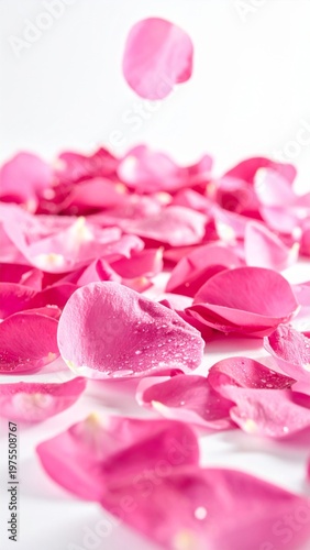 Close up of pink rose petals falling on a white background with water droplets