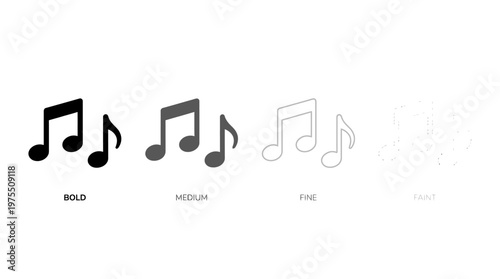Minimalist vector sequence of musical notes labeled bold, medium, fine, light, showing stroke weight variation and visual contrast.