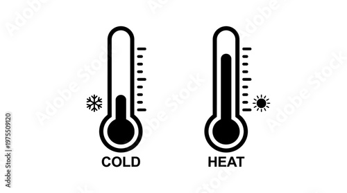 Minimalist temperature icon, dual thermometers labeled cold and heat, contrasting fill levels, symbolizing climate extremes, thermal variation, environmental change.