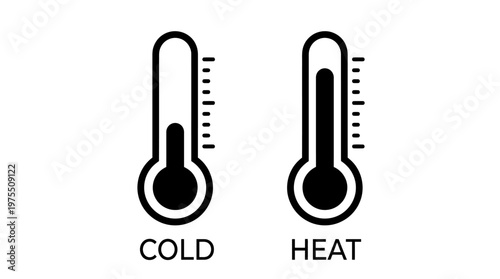 Minimalist temperature icon, dual thermometers labeled cold and heat, contrasting fill levels, symbolizing climate extremes, thermal variation, environmental change.