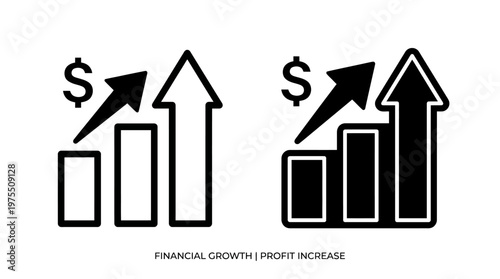 Minimalist vector icons of ascending bar charts with upward arrows and dollar signs, black and white contrast, symbolizing economic improvement.