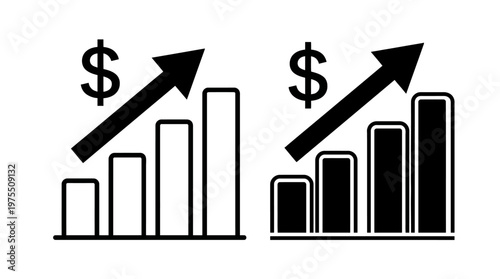 Minimalist financial growth icon, ascending bar chart with upward arrow and dollar sign, representing profit increase, revenue success, economic progress.
