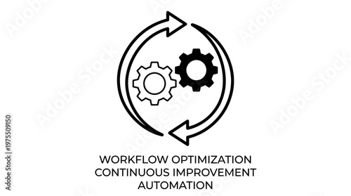 Workflow optimization icon, interlocking gears with circular arrows, symbolizing continuous improvement, automation, efficiency, iterative process, productivity enhancement.