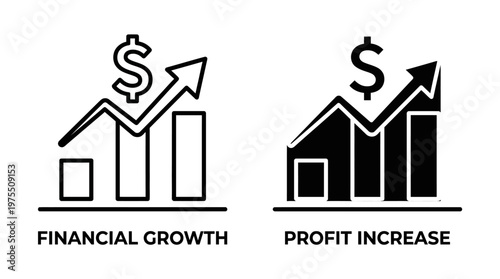 Minimalist vector icons of bar charts with upward arrows and dollar signs, black and white contrast, symbolizing financial growth and profit.
