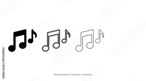 Minimalist vector sequence of musical notes fading from bold black to light outline, illustrating animation progression and visual transformation.