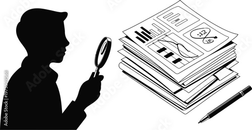 Man examining documents and data with magnifying glass silhouette high quality professional detailed vector illustration