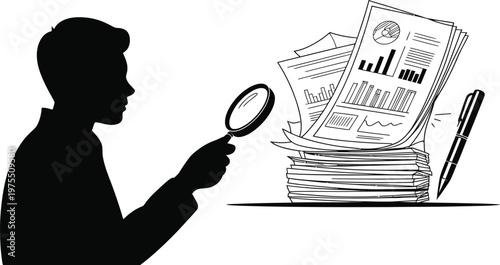 Man examining documents and data with magnifying glass silhouette high quality professional detailed vector illustration