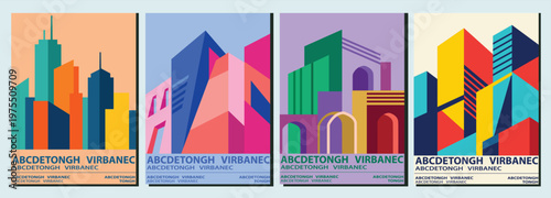 set of construction business cover poster design, geometric architecture building shape , cityscape flat design vector illustration 