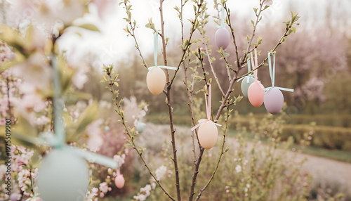 Delicate pastel Easter eggs adorn blossoming tree branches in a whimsical spring garden, evoking festive holiday cheer and nature's awakening